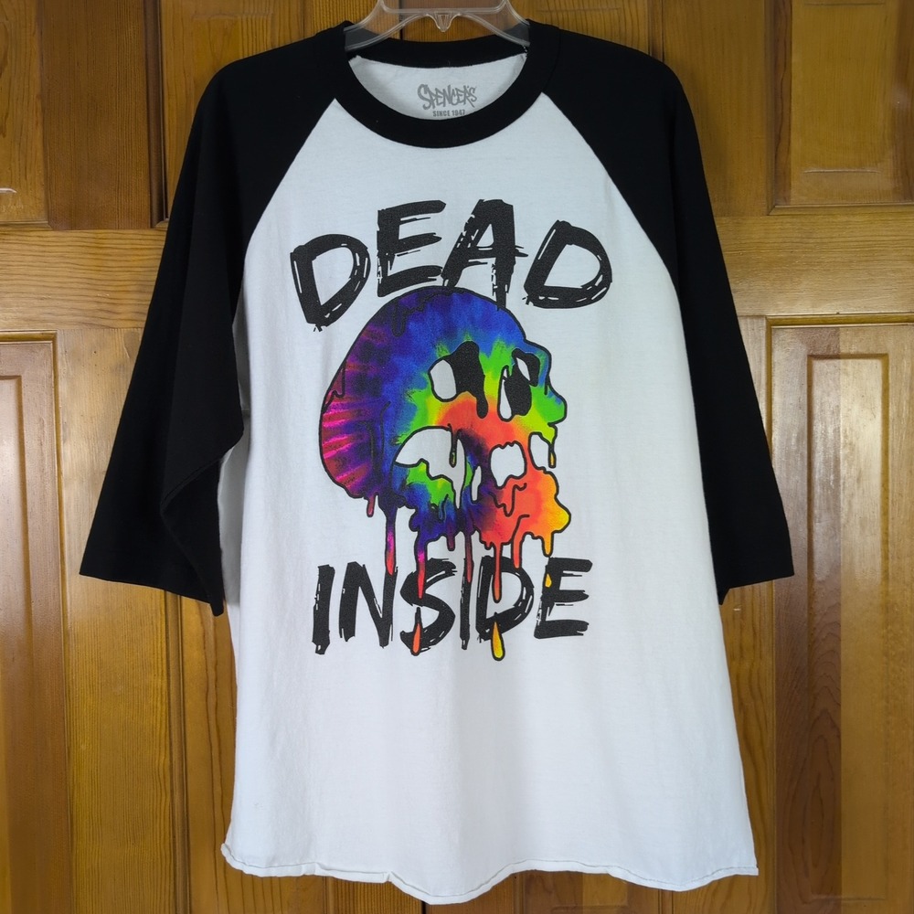 Spencer's Dead Inside Skull Raglan Baseball Tee Unisex XL Rainbow Drip